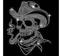 SUPERDANT Cowboy Calavera Cristal Rhinestone Pegatinas Calavera Rhinestone Transferencia Parches Occidentales Aplique de Transferencia de Calor de Diamantes para Halloween Decoración de Ropa