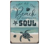 SUPERDANT Letrero de estaño con texto en inglés "A Day at the Beach" (Un día en la playa) con diseño de tortuga de playa, letrero de metal para restauración del alma, letreros divertidos y placa de