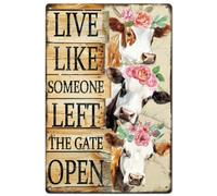 SUPERDANT Letrero de metal con cabeza de vaca Letreros de Estaño de vaca con flores Cartel de Chapa divertido de granja con texto en inglés Live Like Someone Left The Gate Open letrero de cocina