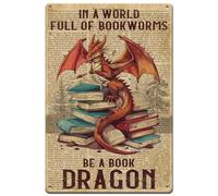 SUPERDANT Letrero de metal con texto en inglés "Book Tin Sign" con texto en inglés "Dragon Read Books" en un mundo lleno de gusanos de biblioteca, letrero de metal divertido para lectura, para