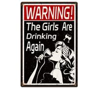 SUPERDANT Letrero de metal retro con texto en inglés The Girls Are Drinking Again para mujer cartel vintage de arte campestre rojo y negro decoración de dormitorio arte de pared vintage para bar