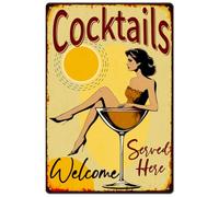 SUPERDANT Letreros de estaño con texto en inglés Cocktail Girl con texto en inglés Welcome Cocktails con texto en inglés Girl Lying in the Cocktails letreros y placas de metal arte de pared