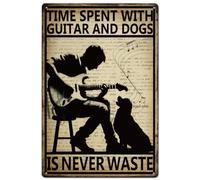 SUPERDANT Letreros de estaño de guitarra con perro Cartel De Metal con el tiempo dedicado a la guitarra y el perro nunca desperdicio Letrero de Hojalata de música rock arte de pared de metal vintage