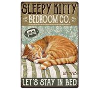 SUPERDANT Letreros de metal con diseño de gato durmiendo, placas de Wll Let's Stay In Bed, arte de pared vintage para el hogar, bar, cafetería, garaje, hotel, comedor, gimnasio, cueva de hombre