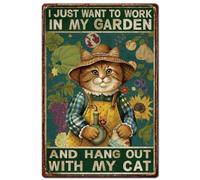 SUPERDANT Letreros de metal con texto en inglés "I Just Want to Work in My Garden and Hang Out with My Cat", letreros divertidos y placa para jardín, placa de pared de metal para el hogar, sala de