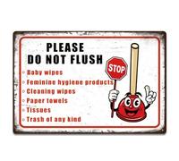 SUPERDANT Letreros de metal para inodoro, con símbolo de parada, con texto en inglés "Please Do Not Flush Wipes", placas de pared, divertido póster para baño, baño, decoración vintage, 30 x 20 cm