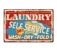 SUPERDANT Letreros de metal para lavandería de autoservicio, vintage, para lavar y secar, plegar, retro, póster de metal, letrero de estaño, abierto las 24 horas, decoración de pared, lavandería,