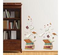 Superdant - Lote de 2 pegatinas de vinilo para pared, diseño de libro mágico, con libros voladores, bolsa de escuela, tijeras, regla de globo, decoración artística para sala de lectura y aula