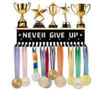 SUPERDANT Never Give Up Medallas Estante de Pared Exposición Estante de Trofeo de Madera con 18 Ganchos Soporte Metálico Medallas Soporte de Pared Guantes Deportivos Medallas Regalo para Gimnasia