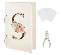 SUPERDANT Organizador para tarjetas de felicitación con letra S de flores, carpeta para planificación, archivador de madera con tapa para fotos con perforador y 20 bolsillo interior