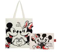Superdiver Set Bolsa Shopping y Neceser Mickey y Minnie - Licencia Oficial Disney - Algodón y Poliéster - Ideal para Uso Diario o Regalo - Bolsa 37x41 cm y Neceser 22,5x16 cm