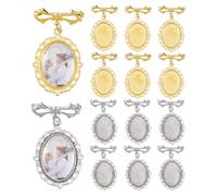 SUPERFINDINGS 12PCS Hochzeitsstrauß Foto Anhänger Silber Goldene Spitzenförmige Ovale Braut Anhänger Personalisierter Hochzeitsfoto Pin Messing Strauß Anhängers Brosche Nadeln mit 12PCS Glas Cabochons