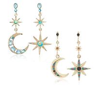 SUPERFINDINGS 2 Sets Moon and Star Drop Stud Earrings Moissanite Moon Star Drop Earrings Celestial and Crescent Earrings Colorful Rhinestone Dangling Earrings Jewelry Gift for Womans,