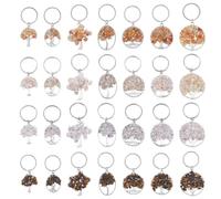 SUPERFINDINGS 28 llaveros de árbol de la vida de 4 colores con piedras preciosas de cristal natural plano redondo hecho a mano con llaveros divididos de aleación para dijes de bricolaje, 5.9-6.8cm,