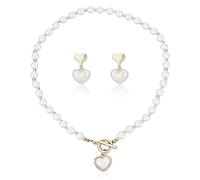 SUPERFINDINGS 2Pcs Pearl Heart Pendant Necklace 45CM ABS Plastic Pearl with Beaded Chains Double Heart Dangle Earrings Gold Love Drop Earrings Wedding Bride Jewelry for Womens, 12.500*8.500*1.800,
