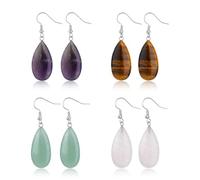 SUPERFINDINGS 4 pares de pendientes de piedra natural, piedras preciosas, multicolor, cuarzo rosa, amatista, aventurina verde, ojo de tigre, joyas, Piedra mixta, Sin piedra preciosa