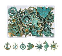 SUPERFINDINGS 42 piezas 7 estilos Océano Tema Aleación Colgantes Verde Pátina Caballito de Mar Brújula Encanto Colgante Metal Pescado Colgante Encantos para Pulsera Fabricación de Joyas Agujero:2~3mm