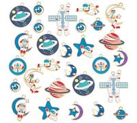 SUPERFINDINGS 48 piezas 12 estilo Espacio Tema Esmalte Colgantes Aleación Astronauta Encantos Astronauta Planeta Estrella Luna Encanto con 1.6-2 mm Agujero para DIY Joyería Fabricación Artesanal
