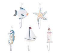 SUPERFINDINGS 5Unids Ganchos Pared Estilo Mediterráneo Madera Tema Marino Gancho Abrigo Decorativo Montado En la Pared Perchero Vida Hogar Forma velero Hippocampus estrella mar pescado