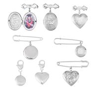 SUPERFINDINGS 7 Teile Hochzeitsstrauß Foto Charm Set 35x29mm Edelstahl Herz Bild Anhänger mit Glas Cabochon Doppelverschluss Gedenk Brosche Nadel für Brautparty Bräutigam Revers