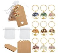 SUPERFINDINGS Llavero con árbol de la vida, 18 unidades, llavero con chip de piedras de cristal natural, etiquetas y bolsas para bodas, dorado, 55 mm