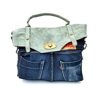 Superflybags Bolso de mano de auténtica piel ante + tejido vaquero, modelo DAKOTA Made in Italy, MENTA, L