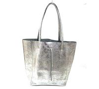 Superflybags Bolso mujer Shopper de hombro de piel auténtica modelo Elba Made in Italy, plateado, L