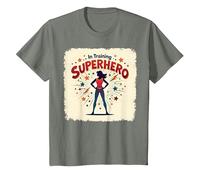 Superhéroe en Entrenamiento empoderando a Las Mujeres Estilo cómic Retro Camiseta, Niños, Verde Militar Jaspeado, 12 años