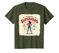 Superhéroe en Entrenamiento empoderando a Las Mujeres Estilo cómic Retro Camiseta, Niños, Verde Oliva, 6 años