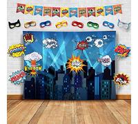Superhéroe Paisaje Urbano Fotografía Fondo, Accesorios de Estudio, Banderas y Máscara. Ideal como de Cabina de Fotos de la Ciudad Super Hero - Portafotos para Cumpleaños, Fiestas y Eventos