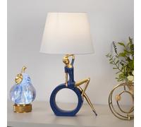 SUPERHONGJIHAO Lámpara de mesa decorativa, 48,3 cm, lámpara de mesa nocturna moderna con pantalla de lino, base de resina azul y dorada, luminaria LED incluida