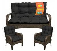 SuperKissen24. Cojín para Banco Exterior 100x50x60 + 2X 48x96 cm Asiento Cómodo e Impermeable para Bancos y Columpios de Jardín, Terraza - Negro