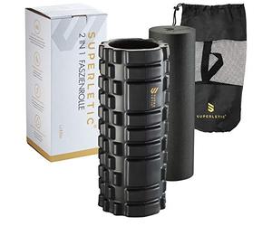SUPERLETIC Rodillo Masaje Muscular, Rulo Pilates, Rodillo Miofascial 2en1, para Espalda, Pies y Piernas, Foam Roller para Fitness y Yoga, Estiramientos, Lesiones y Contracturas Musculares, Goma Negro