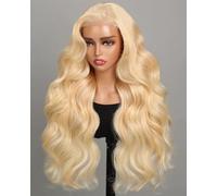SUPERLOOK Peluca de cabello humano 613 con encaje frontal 613, densidad del 240 %, cabello humano rubio con encaje frontal, nudos blanqueados, precortados, prearrancada (30 pulgadas, peluca ondulada