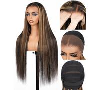 SUPERLOOK Pelucas de cabello humano real decolorado con reflejos de encaje frontal, densidad del 220 %, sin pegamento, pelucas de cabello humano de 22 pulgadas, 13 x 4 pulgadas, peluca frontal de