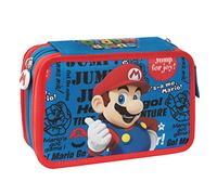Supermario - Estuche de 3 compartimentos para niña y niño, con interior organizado, bolsillo con cremallera y organizador para bolígrafos, estuche escolar mediana, de tela