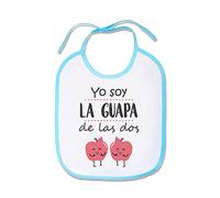 SUPERMOLON Babero Mellizas Yo soy la guapa de las dos Azul celeste con cordones