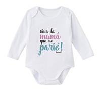 SUPERMOLON - Body Bebé con Frase - Viva la Mamá que Me Parió - Algodón 100% - Manga Larga - Blanco - 12 Meses