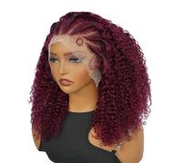 SUPERNOVA Peluca de cabello humano rizado color borgoña 99j 13x4 encaje frontal cruly peluca de cabello humano prearrancado, encaje transparente, preestilizado, media cornrows mitad profunda, pelucas
