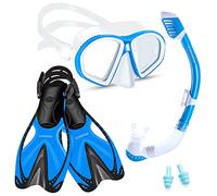 Supertrip Juego de esnórquel infantil de 3 piezas, set de natación, gafas de buceo con cristal templado, tubo seco, aletas ajustables para niños