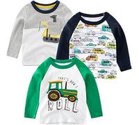 SUPFANS Paquete de 3 camisas de manga larga 100% algodón dinosaurio excavadora policía coche camisetas