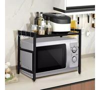 Supfine - Soporte de horno de microondas de 2 niveles, acero al carbono, extensible y regulable en altura con 4 ganchos, cocina, 40-64x36,5x45 cm, rectangular, color negro