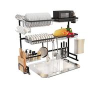 SUPFIRM Escurridor de platos sobre el fregadero, 3 niveles de acero inoxidable ajustable (33''-40'') escurridores de platos grandes para almacenamiento en mostrador (negro)