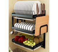 Supfirm Estante de secado de platos de acero inoxidable montado en la pared, cesta de almacenamiento de frutas y verduras con escurridor y estante organizador de cocina colgante (3 niveles)