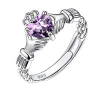 Suplight Claddagh Irlandés Anillo Delgado de Compromiso Corazón con Cristal Amatista Lila de Febrero Anillos de Irlanda Plata de Ley 925 para Mujeres Regalo Romántico para San Valentín