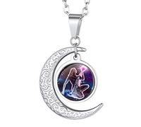 Suplight Collar Doce Constelaciones Luna Sol Signo Acuario Colgante Redondo Acero Inoxidable 316L de Mujer Chapado en Oro Blanco