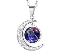 Suplight Collar Doce Constelaciones Signo Leo Colgante Redondo Sol Luna Acero Inoxidable 316L de Mujer Muchacha Chapado en Oro Blanco