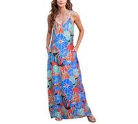 Supnier Vestido largo de playa con estampado floral bohemio para mujer, acampanado, con bolsillos (XXL, azul floral)
