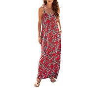 Supnier Vestido largo de verano para mujer, casual, estampado floral, bohemio, tirantes delgados, floral, con bolsillos (XXL, flores rojas)