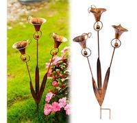 Supporto da Giardino con tre Calla Lilies di Rame Fuso, Campanelli, Decorazione Artistica in Metallo per Esterni, Opinione Rustica Artigianale con Campane, Regalo Decorativo per Giardini, Verande